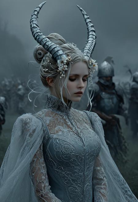 This is a highly detailed CGI illustration in a fantasy art style, depicting a dramatic, ethereal scene. The central figure is a woman with a striking, almost otherworldly appearance. She has an elongated face with a serene, contemplative expression, and her skin has a pale, almost ethereal quality, giving her a ghostly appearance. Her head is adorned with intricate, spiraling horns that resemble those of a mythical creature, tapering to sharp points. Her hair is styled in a high, intricate updo adorned with delicate, flower-like patterns, blending seamlessly with the horns.
The woman's attire is equally fantastical, featuring a flowing, ornate gown made of a fabric that resembles ice or frost, covered in intricate, lace-like patterns that shimmer subtly. She wears a high collar adorned with more intricate, flower-like details.
The background is a misty, dimly lit scene filled with a multitude of armored figures, suggesting a battlefield or a post-battle scene. The figures are indistinct, their helmets and armor blending into the misty, foggy background, creating a sense of chaos and desolation.