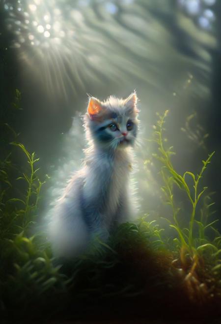 masterpiece, highest quality, a kitten made of fog, natural light, (sunrays), greenery, animal focus, no humans, TheWeirdies