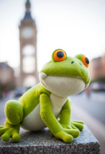 A soft cute stuffed frog named Freddy, the frog is cute, optimistic and cheerful , kind eyes, today Freddy finds himself in the city, getting to know an unfamiliar area of town, but Freddy is confidant he can own the day