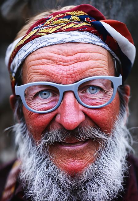 close-up portrait of an elderly man with a white beard and mustache, he is wearing a colorful headband with a red, yellow, and blue pattern on it
