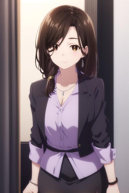 airigotou, <lora:airi gotou s1-lora-nochekaiser:1>,
airi gotou, long hair, brown hair, (brown eyes:1.5), braid, mole, mole under eye, hair over shoulder, mature female, smile,
BREAK skirt, shirt, jewelry, jacket, pantyhose, black skirt, necklace, black footwear, high heels, bracelet, black jacket, side slit, pencil skirt, purple shirt, office lady,
BREAK indoors, office,
BREAK looking at viewer, (cowboy shot:1.5),
BREAK <lyco:GoodHands-beta2:1>, (masterpiece:1.2), best quality, high resolution, unity 8k wallpaper, (illustration:0.8), (beautiful detailed eyes:1.6), extremely detailed face, perfect lighting, extremely detailed CG, (perfect hands, perfect anatomy),