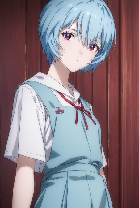 reiayanami, <lyco:rei ayanami rebuild-lyco-nochekaiser:1>, 
rei ayanami, (ayanami rei:1.2), blue hair, short hair, (red eyes:1.3),
BREAK skirt, shirt, ribbon, (school uniform:1.5), white shirt, short sleeves, red ribbon, neck ribbon, (tokyo-3 middle school uniform:1.5),
BREAK indoors, classroom,
BREAK looking at viewer, (cowboy shot:1.5),
BREAK <lyco:GoodHands-beta2:1>, (masterpiece:1.2), best quality, high resolution, unity 8k wallpaper, (illustration:0.8), (beautiful detailed eyes:1.6), extremely detailed face, perfect lighting, extremely detailed CG, (perfect hands, perfect anatomy),