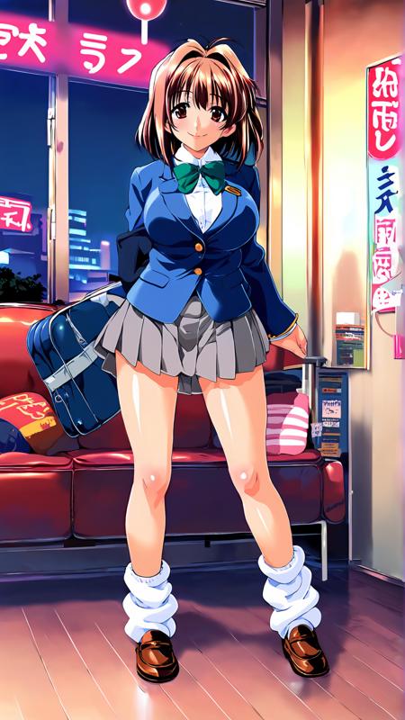 kawai rie, brown eyes, brown hair, short hair, hair intakes, bangs, large breasts blazer, blue jacket, bow, bowtie, green bowtie, jacket, loafers, long sleeves, loose socks, pleated skirt, school bag, school uniform, shirt long sleeves, pleated skirt, school uniform, sweater vest