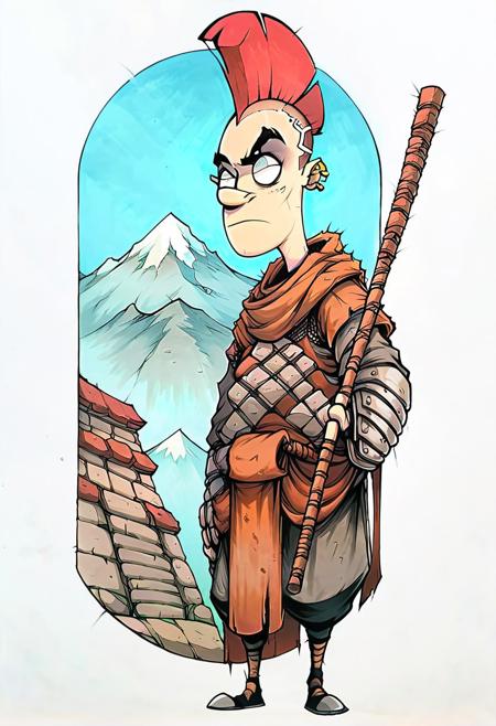 Evang, score_9, score_8_up, score_7_up, full body character portrait, in a temple carved into the side of a mountain. The character is a stoic warrior monk with a shaved head, wielding a long staff as they stand guard over the sacred grounds.