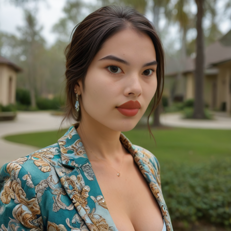 (closeup face photo of a  woman), Looking straight at the camera, BREAK
(Mint Short), water park, exhilarating slides, refreshing pools, fun-filled, (Amber Brocade blazer, silk blouse, velvet pants, crystal earrings),
<lora:Haeun_XL-000011:1>