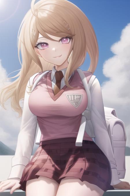 Masterpiece, Best Quality, <lora:KaedeDG:1>, KaedeDG, 1girl, necktie, sweater vest, breasts, looking at viewer, shirt, long sleeves, solo, backpack, beamed eighth notes, white shirt, collared shirt, medium breasts, school uniform, smile, solo, close-up,