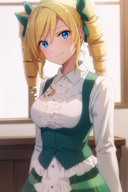 ellismaclaine, <lora:ellis maclaine s2-lora-nochekaiser:1>,
ellis maclaine, long hair, blue eyes, blonde hair, bow, twintails, hair bow, drill hair, twin drills, smile,
BREAK skirt, shirt, long sleeves, white shirt, pantyhose, frills, green skirt, underbust,
BREAK indoors, classroom,
BREAK looking at viewer,
BREAK <lyco:GoodHands-beta2:1>, (masterpiece:1.2), best quality, high resolution, unity 8k wallpaper, (illustration:0.8), (beautiful detailed eyes:1.6), extremely detailed face, perfect lighting, extremely detailed CG, (perfect hands, perfect anatomy),