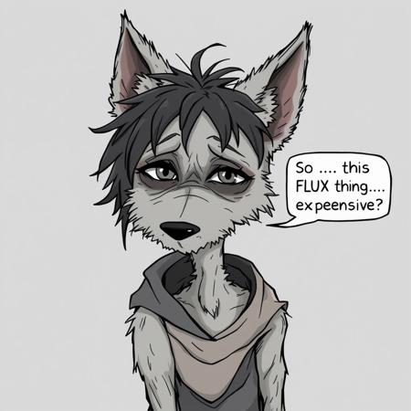 furry art, linework, grey tones.
a skinny grey furred dog with black ears, black messy hair, tired greyed out eyes, and tattered clothes with a speech bubble pointing to them saying "So... this FLUX thing is expensive, huh?"