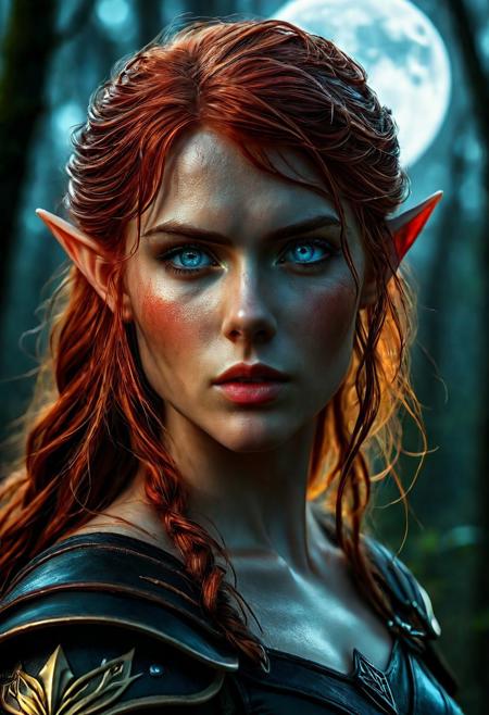 High resolution of ultra-realistic Beautiful Elven Archer girl, ultra-realistic body, perfect athletic body, Attractive Elf girl, artgem, WLOP, standing in the middle of a dark forest, beautiful Sadie Sink as Elf Archer girl, night of the full moon, realistic elven leather armour, defiant and seductive, covered in dirty and blood, cinematic colors Lighting, extremely detailed, 8K, wavy red hair, realistic dirty pale face, realistic blue eyes, beautiful Elf girl on in dark fantasy cool outfit, hyper-detailed, hyper-realistic, Attractive 21 old years Elf woman, Attractive, beautiful firm Breasts, wet and sweaty skin, Dark fantasy style, Dark fantasy atmosphere, sharp focus, digital painting, Photograph Taken on Nikon D750, Alphonse Mucha, 8K, athletic figure, Hyperdetailed, hyperrealism, attractive woman, beautiful woman of athletic body, Attractive bust girl, asymmetric balance