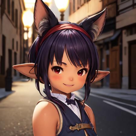 ((best quality)), ((masterpiece)), ((realistic)), (detailed),  1girl, solo, , (close-up portrait), high detail, brown nose, dark purple pleated skirt, hairband, dark purple vest, asymmetrical bangs, (dark blue hair color), looking at viewer, bare shoulders, red eye color, medium sharp bob hair, hair ornament, fake animal ears headband, wrist cuffs with bows, closed mouth, smiling, happy:0.5, tanned skin, magic, dynamic pose in a city street at night, absurdres <lora:lalafell_v1.5:0.8>