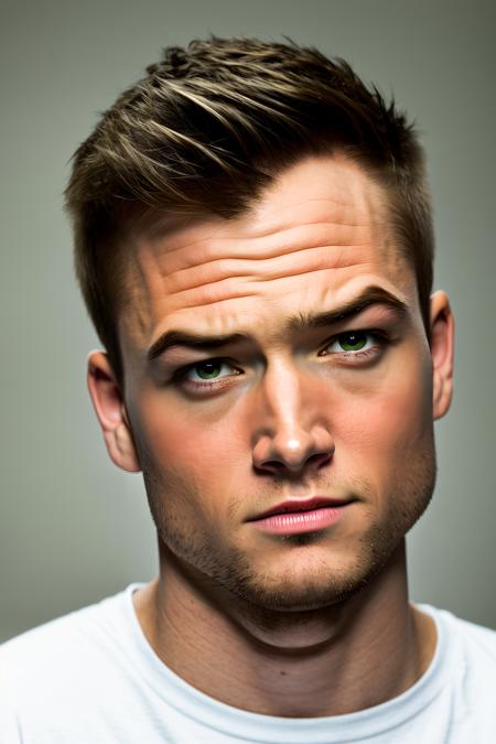 portrait of a guy, masculine, realistic, upper_body, face focus, blurry background, white shirt 1man, TaronEgerton, <lora:Taronegerton:0.7>, simple background, studio background, (masterpiece, best quality:1.5), (masterpiece,best quality:1.5)