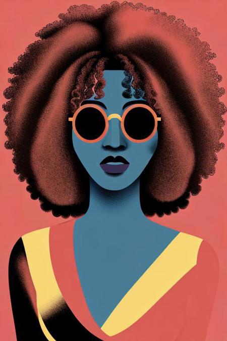 Solo focus, minimalism, simple colors, Illustration of a sexy disco dancer from 1970, glasses. lipstick, big breasts, cleavage, rainbow dress, afro hair, simple background, <lora:colorful_minimalist_illustration:1.1>