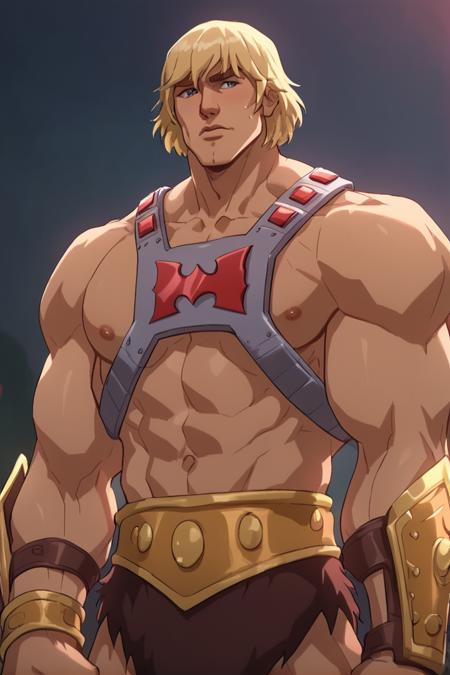 he-man,solo,1boy,male focus, armor, muscular, big pectorals, blonde hair