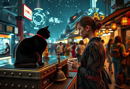 Setting is a futuristic cyberpunk street market at night, the market is comprised of street vendors selling robot parts, food, weapons, and robot pets. People wearing futuristic cyberpunk clothing are walking through the street market shopping and eating, A sleek black cat with red collar sits on a cluttered metal riveted counter with transparent top and micro-LED lighted computer components visible inside, On the counter is an ebony and gold maneki neko statue and a classic ornate art deco espresso machine of copper and brass, (((a beautiful woman, 24 years old, is standing in the foreground facing the cat with a steaming cup of espresso in her hand))), the sleek black cat with red collar is sitting on the desk and watching the people walking by in the busy street market, the woman is dressed in futuristic cyberpunk Japanese style kimono-style clothing that are sexy and Japanese classic aesthetic. An enormous art deco inspired starship with futuristic lighting and an enormous space station are visible in the background among the stars, The woman's hair is elegantly tied up with a ribbon. Artistic cyberpunk, dynamic perspective, (((overall architectural aesthetic is Art Deco Cyberpunk))).  Epic image that elicits a feeling of wonder and awe, part of the interior is visible,