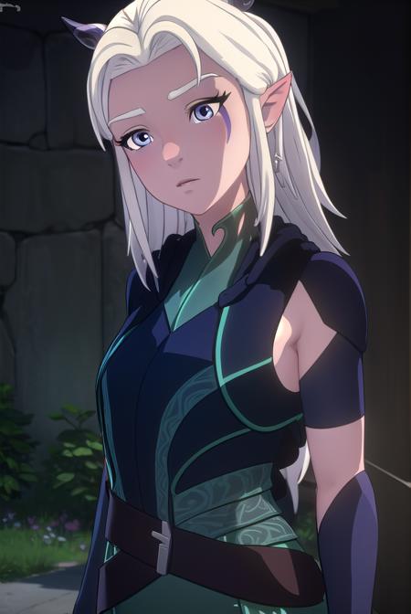 rayla, long hair, white hair, horns, pointy ears, (purple eyes:1.1), boots, belt, bodysuit,