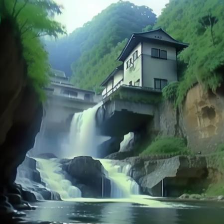 asutenki <lora:asutenki:0.6> waterfall next to a town, extremely detailed