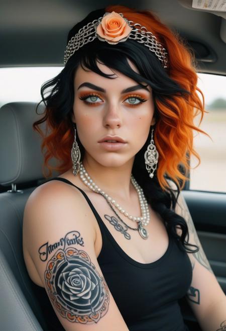 This is a photograph of a young woman sitting in the passenger seat of a car. She has a light skin tone and a curvy physique with a noticeable tattoo sleeve on her right arm, featuring intricate designs and text. Her hair is medium-length, dark brown, and styled in loose waves with bangs. She has striking, almond-shaped green eyes and is wearing subtle makeup with a focus on her eyeliner and mascara. This photograph features a young woman with a striking, alternative appearance. She has a shaved head on one side and a voluminous, curly hairstyle with bright orange and black hair on the other side, styled in a punk-rock fashion. Her skin tone is light, and she has a tattoo of a red rose on her upper left arm. She is wearing a loose, sleeveless black tank top that exposes her shoulders and part of her upper chest, revealing a small tattoo on her left breast. This is a high-resolution photograph of a woman with a striking, avant-garde aesthetic. She has a light to medium skin tone and is wearing an elaborate, ornate headpiece that covers her face, leaving only her eyes visible. The headpiece is made of interwoven chains, pearls, and gemstones, with a central focus on a large, ornate medallion adorned with pearls and a large, central gemstone.