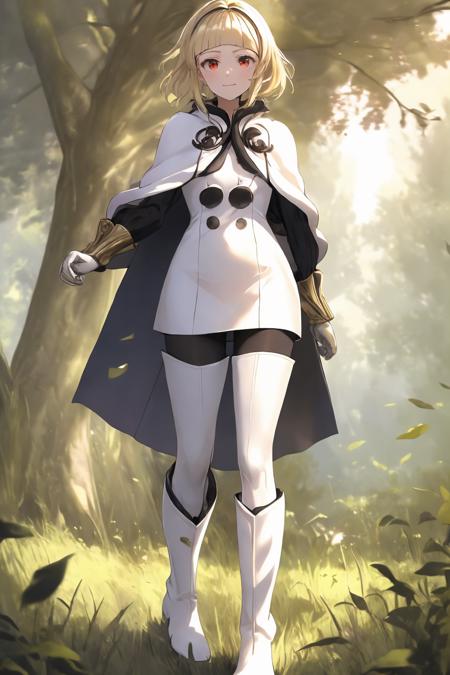 masterpiece, best quality,    <lora:OneDrakenGardV1-000080:1>, One, 1girl, blonde hair, red eyes, short hair, looking at viewer, smirk, standing, forest, trees, sun, sky, thigh boots, pantyhose, white capelet, white cape