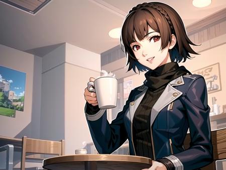 masterpiece, best quality, highres, extremely detailed CG unity 8k wallpaper,
illustration of dsmakoto, 1girl, solo focus, short hair, crown braid, jacket, scarf, turtleneck, smiling, parted lips, sitting in a booth, holding coffee cup on table, cafe interior, detailed background
<lora:dsmakoto_e5:0.75>