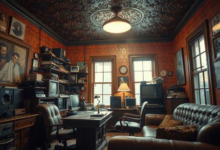 (ANTIQUE, NOSTALGIC, VINTAGE, RETRO THEMED DECOR), (Captured with a Hasselblad wide-format camera with a 85mm Zeiss lens at f/1.8), Sharp Focus. (Dynamic Random Angled Shot), (Layered Foreground), (Fluorescent Lighting) with (Stark Contrasting Shadows), (cluttered detailed home office), [Smoke-Stained Windows], Retro Desk, (weathered leather desk chair, retro sofa), hoarder's paradise, hoarded vintage technology all over, (richly painted bright textured walls, dark embossed ceiling), (Creative Light Source), [Extremely Subtle Glowing Light], ZOOM-OUT,