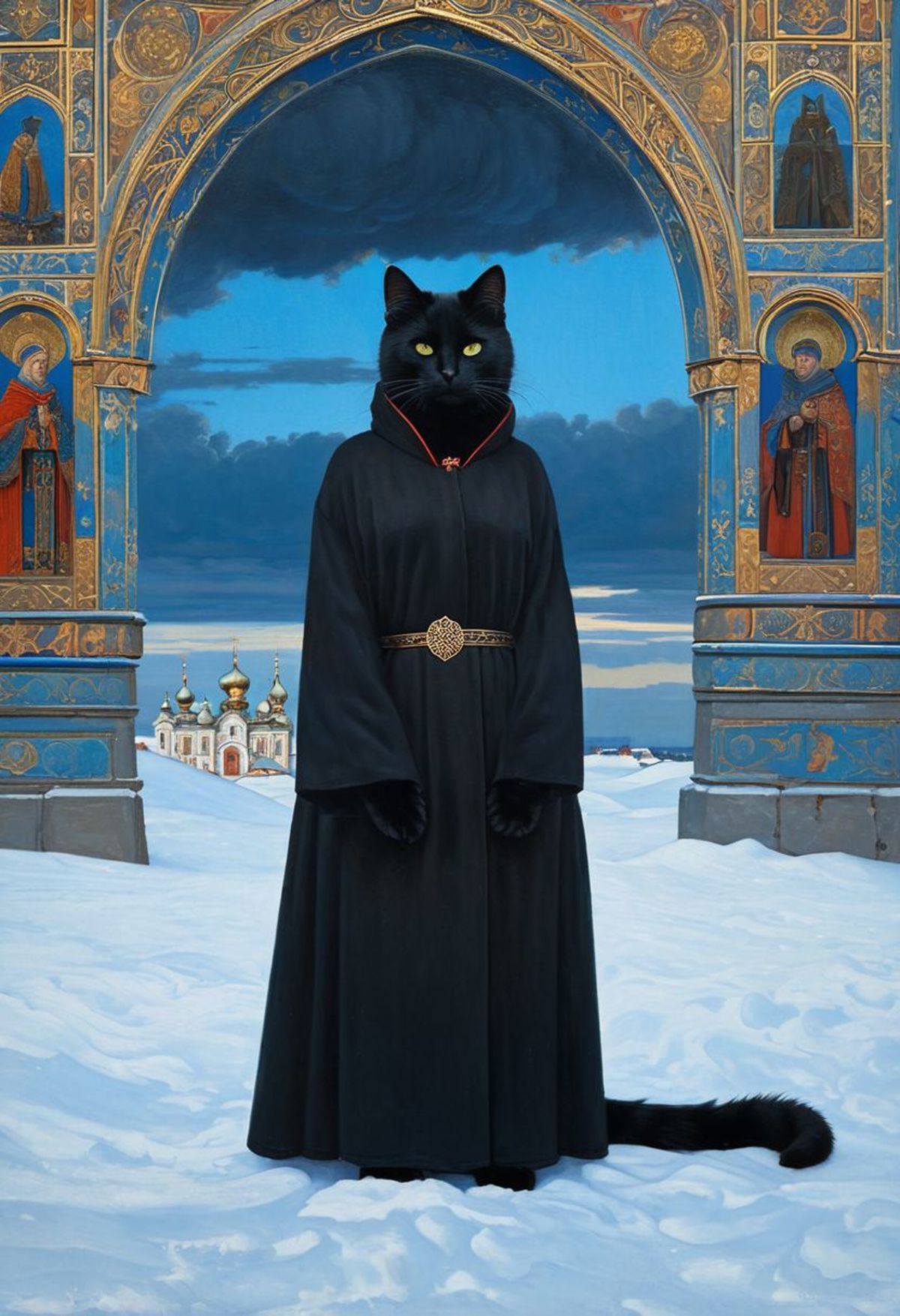 (a black cat in monastic clothes with glowing eyes) (ingenious opus magnum by Michael Vincent Manalo and Elvira Vigna:1.2)...