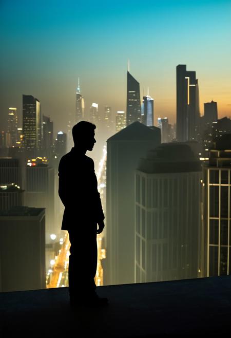 Frame the silhouette of a lone figure gazing out at a breathtaking cityscape from a rooftop. The city stretches before them, with towering skyscrapers reaching for the sky. Use a long exposure to blur the lights of the city, creating a soft, ethereal glow. Focus on the contemplative expression of the figure, their thoughts reflected in the vibrant skyline. Capture this scene with a full-frame DSLR camera and a telephoto lens to compress the perspective and emphasize the silhouette. For a 4K wallpaper, enhance the contrast between the dark silhouette and the bright city lights, creating a striking and dramatic effect that showcases the beauty of urban landscapes and the peaceful solitude they can offer.