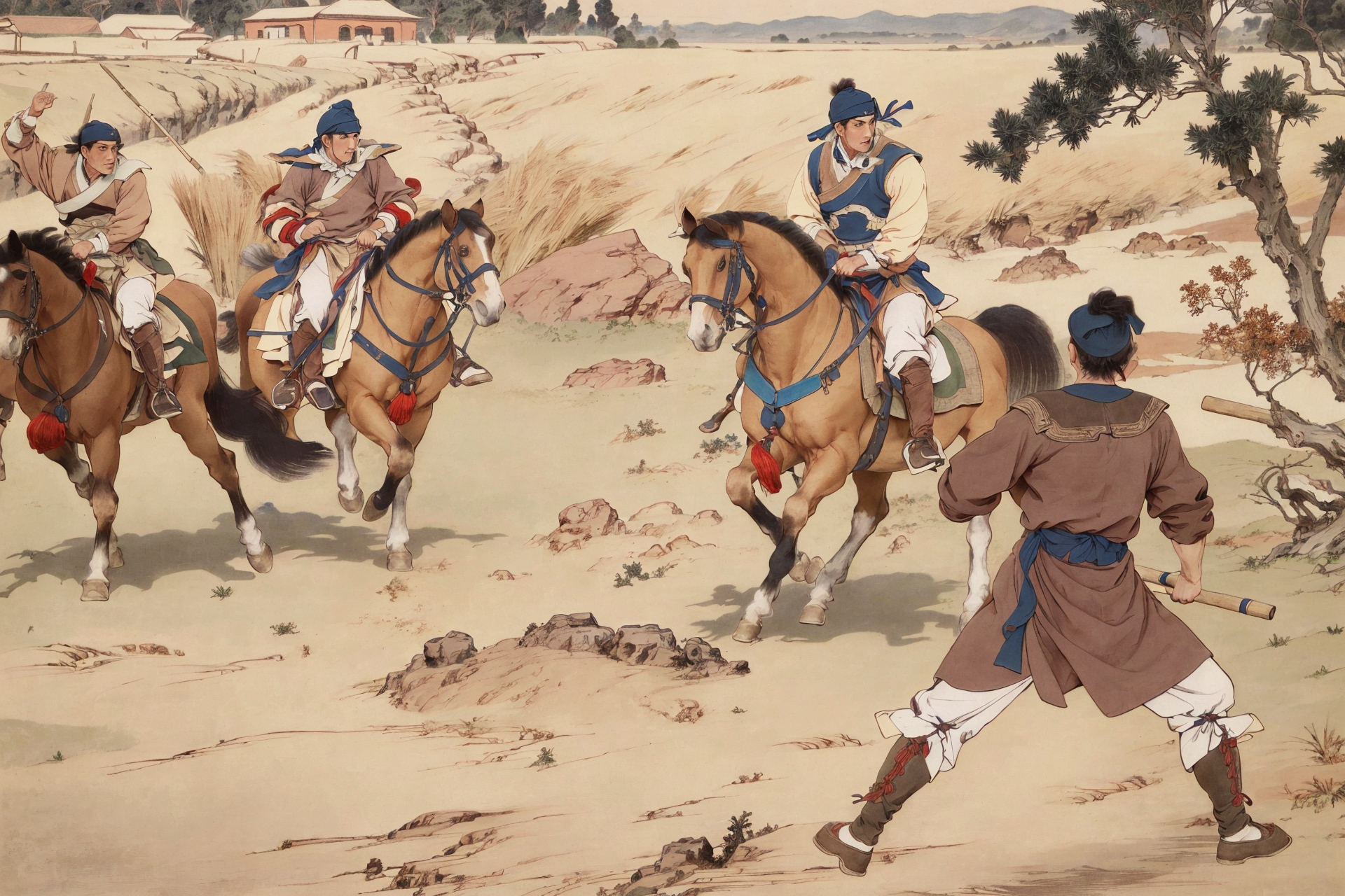 ((best quality)), ((masterpiece)), (detailed),  multiple boys,  battle, outdoors, fighting stance,amy,horse