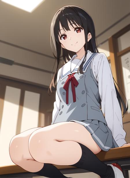 nase_mitsuki, long hair, black hair, red eyes,school uniform,blue jacket,black socks,grey skirt,kneehighs,long sleeves,neck ribbon,pleated skirt,white sailor collar,shoes nase_mitsuki, long hair, black hair, red eyes,school uniform,serafuku,white shirt,black socks,grey skirt,kneehighs,long sleeves,neck ribbon,pleated skirt,white sailor collar,grey vest,shoes nase_mitsuki, long hair, black hair, red eyes,school uniform,blue sailor collar,grey skirt,neck ribbon,pleated skirt,sailor collar,serafuku,shirt,shoes,short sleeves,white shirt,socks nase_mitsuki, long hair, black hair, red eyes,idol,blue footwear,blue skirt,frilled skirt,boots,bow,dress,elbow gloves,gloves,hair bow,headset,hat,knee boots,ribbon,sleeveless,white gloves,bare shoulders