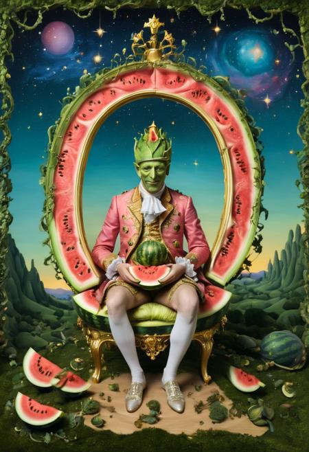 A surreal portrait of Count Watermelon: a regal figure with a watermelon for a head, depicted in a caricature style. The Count's body is adorned in ornate, Rococo-inspired clothing with elaborate gold embroidery and pastel hues. The watermelon head features exaggerated facial features carved into its rind, with seeds for eyes and a slice for a mouth.
Setting: A cosmic dreamscape reminiscent of Hieronymus Bosch's fantastical worlds. Floating islands of watermelon flesh and rinds populate the background, interconnected by twisting vines and star-studded pathways.
Style fusion: Combine the intricate, chaotic detail of Bosch with the whimsical extravagance of Rococo. Infuse the scene with a cartoonish quality to emphasize the caricature aspect.
Color palette: Vibrant watermelon reds and greens contrasted against pastel Rococo hues and the deep blues and purples of cosmic space. Gold accents throughout for Rococo opulence.
Composition: The Count dominates the lower two-thirds of the frame, seated on a throne made of carved watermelon rinds. The upper third showcases the cosmic Bosch-inspired background.
Lighting: Ethereal, multidirectional light sources creating a dreamlike atmosphere. Glowing auras around celestial bodies and bioluminescent elements in the cosmic scene.
Details: