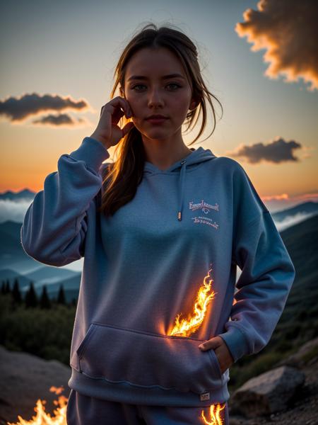 Extreme close-up, mountain background, girl, beautiful, cloudy_sky, burning_cloud, gradient_sky, dusk, embers, sunset, high detail, digital art style, soft diffused lighting, dutch angle, Baggy clothes, blue magic aura in your perfect hands, Arms forward, Looking at the viewer, Stretched legs <lora:add_detail:-1>