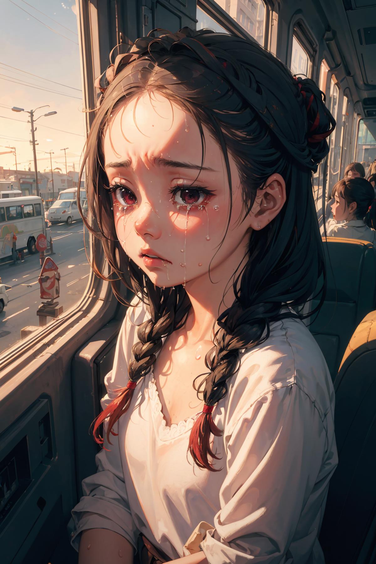 A girl with tears in her eyes looking out the window on a bus.
