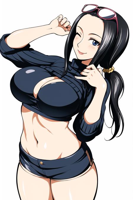 kon-kit, one piece, nico robin, 1girl, ;), adjusting eyewear, arm up, black hair, blue eyes, closed mouth, clothes lift, cowboy shot, cropped legs, eyewear on head, from side, hand on own shoulder, large breasts, light smile, long hair, long sleeves, looking at viewer, low ponytail, navel, one eye closed, ponytail, scrunchie, short shorts, shorts, sidelocks, simple background, smile, solo, sunglasses, sweater, thighs, white background, wide hips

<lora:konkit:0.7>