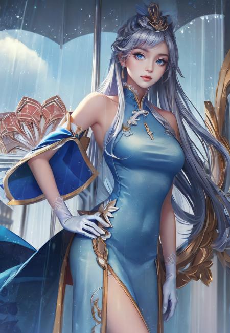 1girl, bare shoulders, blue dress, blue eyes, breasts, dress, formal, gloves, long hair, pants, a woman in a blue Ao Dai, Fan Qi, splash art, a detailed painting, symbolism, (masterpiece, best quality:1.5), <lora:YueLittlePrincess-01:1>