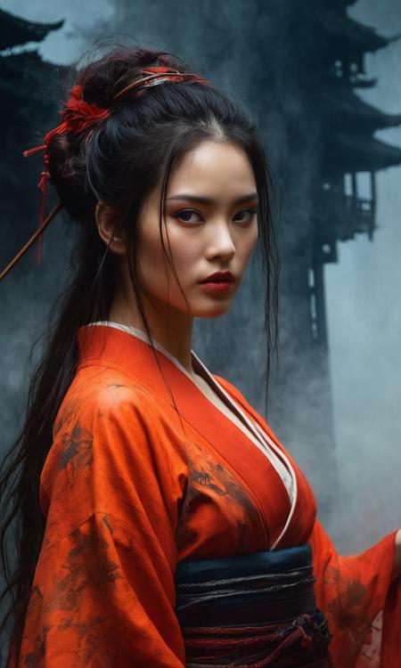 cinematic still Luis royo style, acrylic paint and spray paint, 8K, rule of thirds, intricate, dark lighting, Flickr, well focused, atmospheric, dramatic, very detailed, 1 girl, 20yo, make-up,very beautiful, make-up, reflection,low angle,sword reflection,samurai,long hair,kimono,strapless,traditional architecture,night,(red moon:1.1),(fog:1.4),(silhouette:0.8) ,(expressionless:1.3),(ghost:1.1),red fire,,fantasy, high contrast, ink strokes, explosions, overexposure, orange and red tone print, abstract, ((watercolour painted by John Berkey and Jeremy Mann )) brush strokes, negative space, detailed face, perfect face, cleavage, solitary focus, (close up:2) . emotional, harmonious, vignette, 4k epic detailed, shot on kodak, 35mm photo, sharp focus, high budget, cinemascope, moody, epic, gorgeous, film grain, grainy, Luis royo style, acrylic paint and spray paint, 8K, rule of thirds, intricate, dark lighting, Flickr, well focused, atmospheric, dramatic, very detailed, 1 girl, 20yo, make-up,very beautiful, make-up, reflection,low angle,sword reflection,samurai,long hair,kimono,strapless,traditional architecture,night,(red moon:1.1),(fog:1.4),(silhouette:0.8),(expressionless:1.3),(ghost:1.1),red fire,,fantasy, high contrast, ink strokes, explosions, overexposure, orange and red tone print, abstract, ((watercolour painted by John Berkey and Jeremy Mann )) brush strokes, negative space, detailed face, perfect face, cleavage, solitary focus, (close up:2), exquisite detail, extremely rich colors, ambient aesthetic, dynamic, cinematic, fine composition, magical atmosphere, unique, pristine, light shining deep clear sharp, transparent, highly saturated color, stunning, glorious, divine, innocent