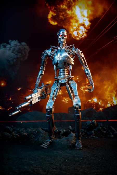 <lora:T800Endoskeleton-10:0.8>, (RAW photo, real life, absurdres, high quality, photorealistic, detailed, realistic:1.3), (solo:1.3), ((dynamic pose)), a high resolution photo of a T800Endoskeleton robot with red eyes and metal skull face and chrome metal body and holding a futuristic  gun, standing on a hill of skulls,  dark sky and smoke and explosions and robots and post apocalypse war in the background, cinematic, atmospheric, 8k, realistic lighting, shot by Hassleblad H6D, Zeiss, Kodachrome, nikon, 50mm 1.2 lens, Octane Render, ultra realistic, realistic lighting, photorealistic, photorealism, photoreal, unreal engine 5, Adobe After FX, highly detailed, intricate detail