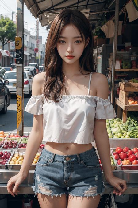 masterpiece, best quality, 1girl,detailed face,market stall,fruits,bare shoulders,hot pants,fruits,vegetable,market background,sunset,sharp_ligting <lora:add_detail:0.45> <lyco:ShinyOiledSkin_v20-LyCORIS:0.35>