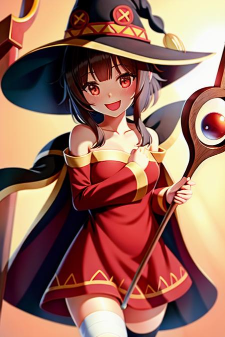 konosuba, megumin,(best quality, extremely best quality, masterpiece:1.5),((1girl,solo)),short girl ,blush , red eyes, looking at viewer , red dress, witch hat , black hair , thighhighs, bandaged leg ,smile ,cape ,collarbone ,open mouth ,bare shoulders ,off shoulder ,holding  staff,  off-shoulder dress  <lora:megumin_v3:0.6>