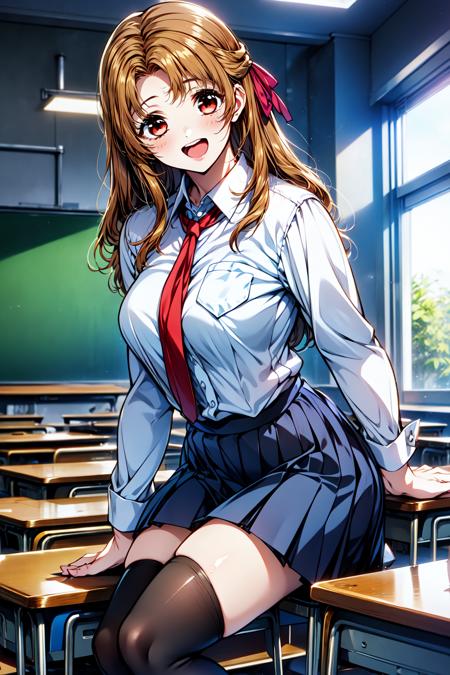 1girl, smile, open mouth, standing, looking at viewer, classroom,
doukoku_kanae, red eyes, brown hair, long hair, hair ribbon, school uniform, collared shirt, pleated skirt,  <lora:doukoku_kanae_lora_ver1:0.7>, best quality, masterpiece, highres, <lora:GoodHands-vanilla:1>