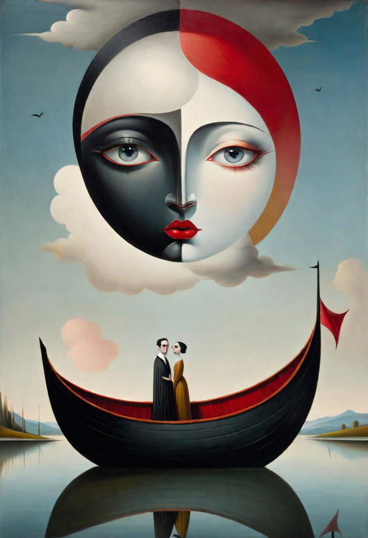 The image features a painting of a man and a woman standing together in a small boat, which is situated under a moon. The moon appears to be a prominent element in the painting, with the man and woman positioned at the center, possibly posing for a portrait. The boat is located in the lower half of the painting, and the couple seems to be enjoying their time together in this serene setting.