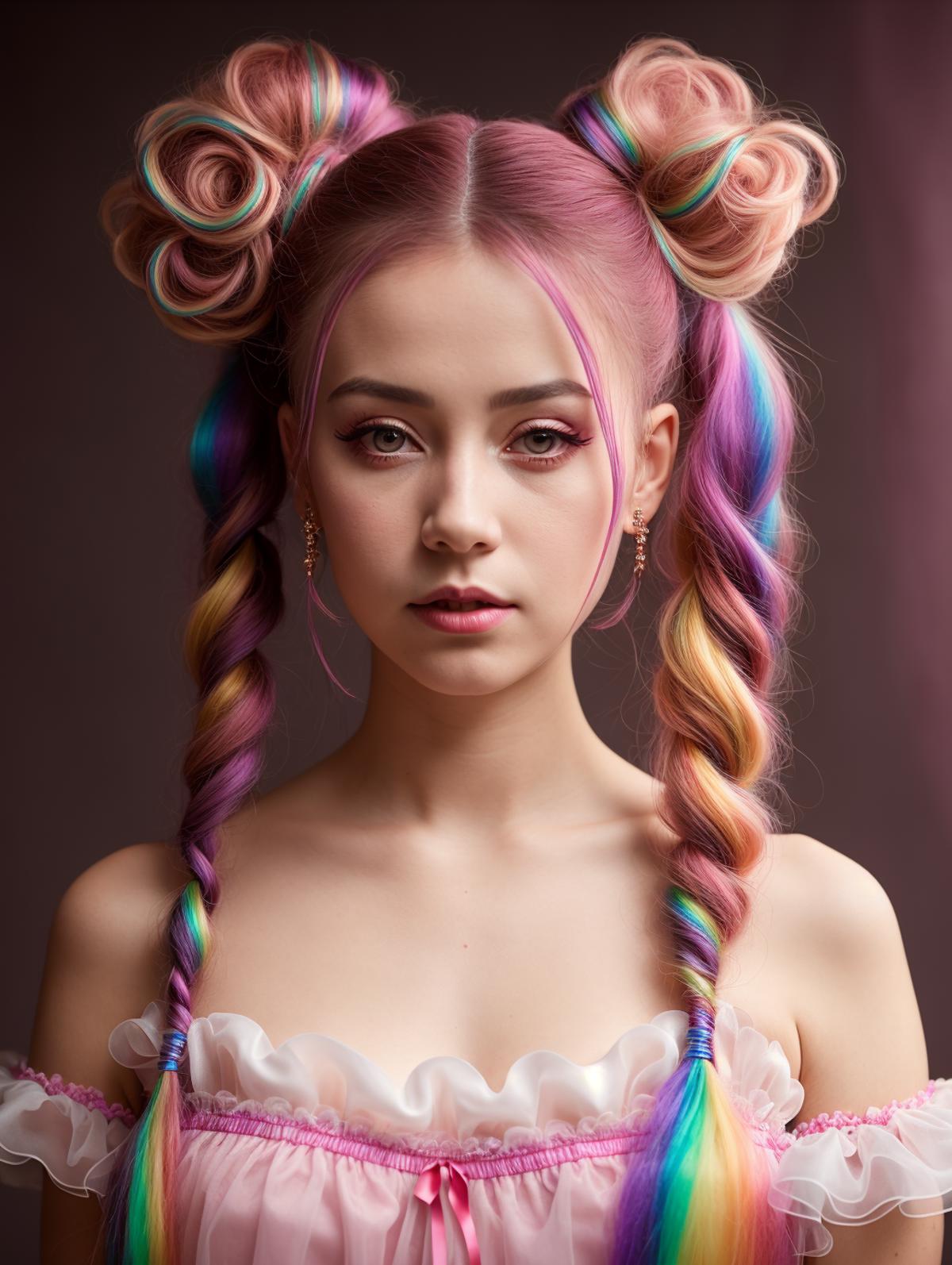 A young woman with colorful hair, wearing a white dress and pink bows, poses for the camera.