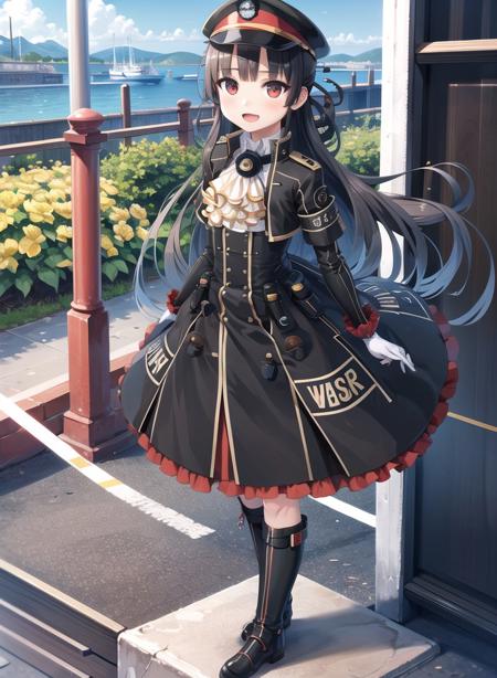 1girl,masterclass,best quality, illustration, outdoors,city,full_body, 8620Default, armband, black_headwear, black_footwear,knee_boots,  black_skirt, cropped_jacket, standing,   hair_rings, half_updo,long_sleeves,black_jacket,  high-waist_skirt,    peaked_cap,    suspender_skirt,  white_ascot,  white_gloves, open_jacket, hair_stick   <lora:8620_D8_V2_e6>