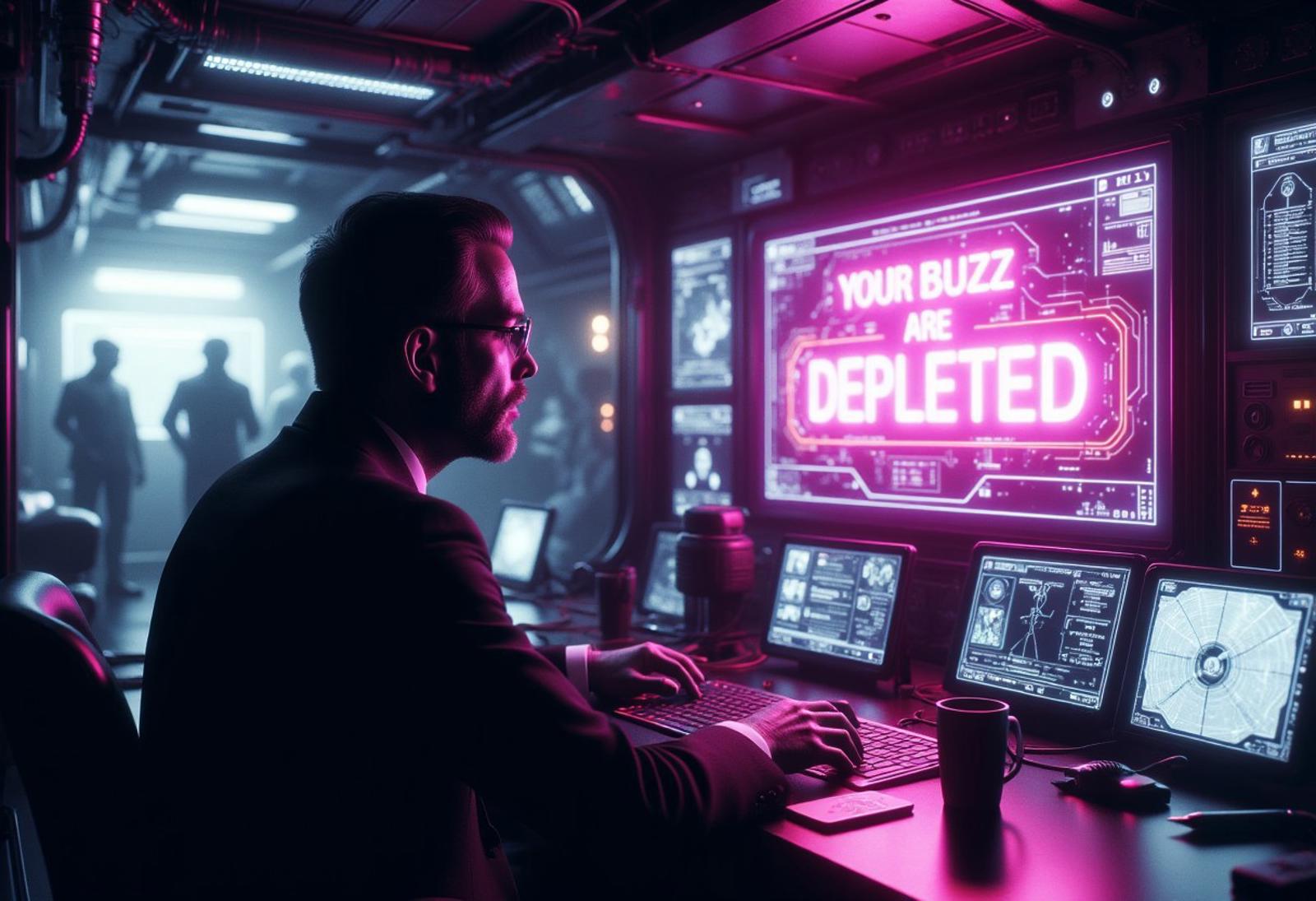 extremely photorealistic ultra-detailed, An intense, photorealistic photography, inside a space craft ,multiple giant screen , a man panicking while watching a giant screen display that display "your buzz are depleted" (with big bold textS)