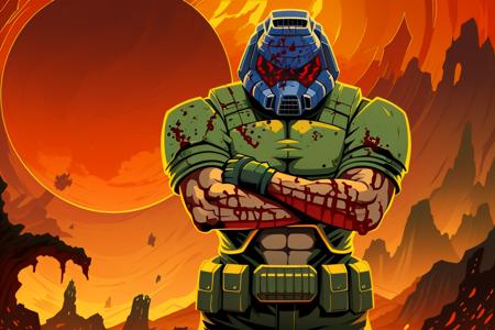 doomguy, full body, solo, illustration, 2d, crossed arms, (solo:1.4), hellscape, daemons, (masterpiece, best quality, absurdres:1.3), blood on clothes,
 <lora:doomguy-15:1>