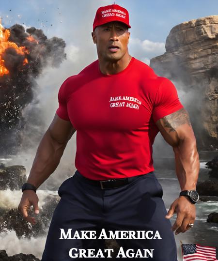 man wearing red maga hat, upper body, explosion at background, the rock Dwayne Johnson, action scene, professional, photo, high quality, highres, ([:hat with text "make america great again":0.25]:1.1),
 <lora:maga_hat_1-000140:0.95>