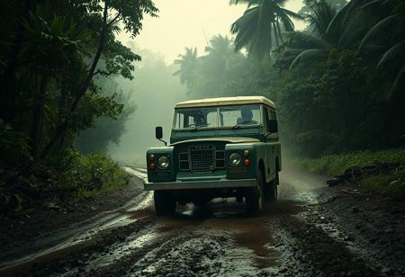 a vintage Land Rover Series I driving through a lush rainforest trail, cinematic lighting, moody atmosphere, 1960s expedition vibe, wet muddy terrain, misty background, dust particles in the air, film grain, soft light bloom, overcast sky, dramatic composition, worn-out textures, realistic reflections, adventure travel feel --style cinematic --ar 16:9 --v 5 --q 2
Main subject: a vintage Land Rover Series I driving through a lush rainforest
Lighting & Mood: cinematic lighting, moody atmosphere, misty background, film grain, dust particles, soft light bloom
Environment & Texture: wet muddy terrain, overcast sky, worn-out textures, realistic reflections
Theme/Feel: 1960s expedition vibe, adventure travel feel, dramatic composition
<lora:classic_cars_vintage_adventure:0.8>
<lora:cinematic_moody_lighting:0.7>