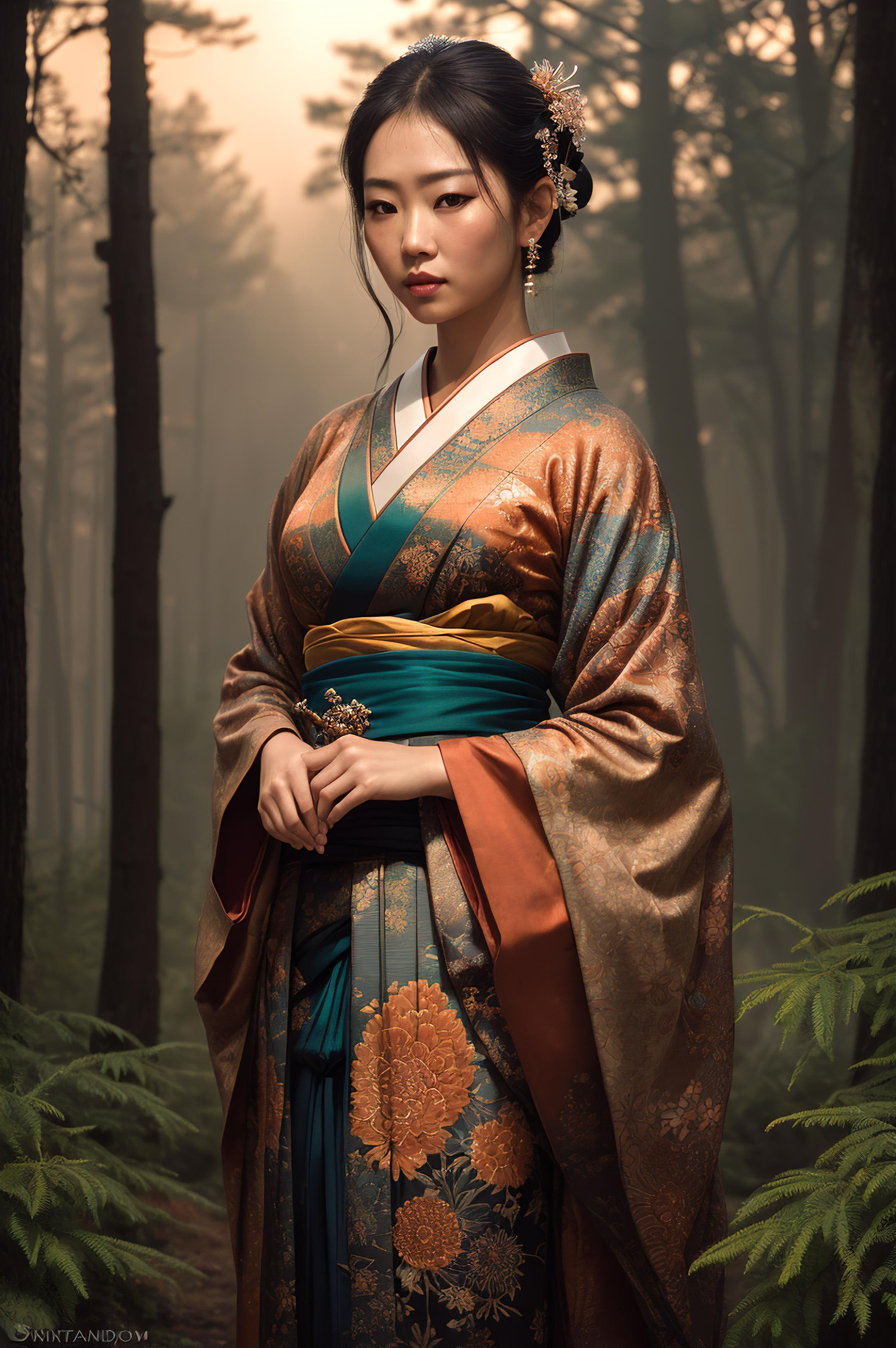 A woman dressed in traditional Japanese clothing stands in the woods.