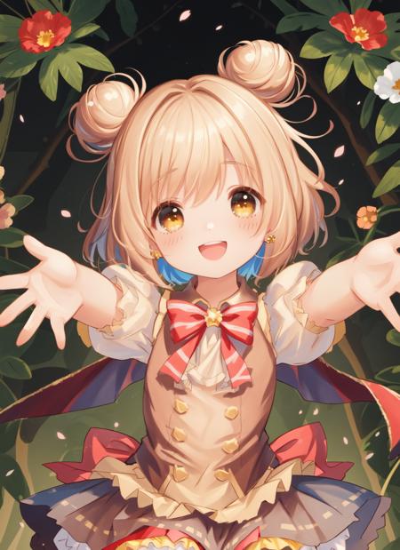 portulaca \(fkg\) short hair, double bun, shirt, short sleeves, puffy sleeves, vest, bow, wrist cuffs, multicolored skirt, frilled skirt, bloomers,  jewelry, thighhighs, asymmetrical legwear, mismatched legwear, red footwear, top hat, red headwear