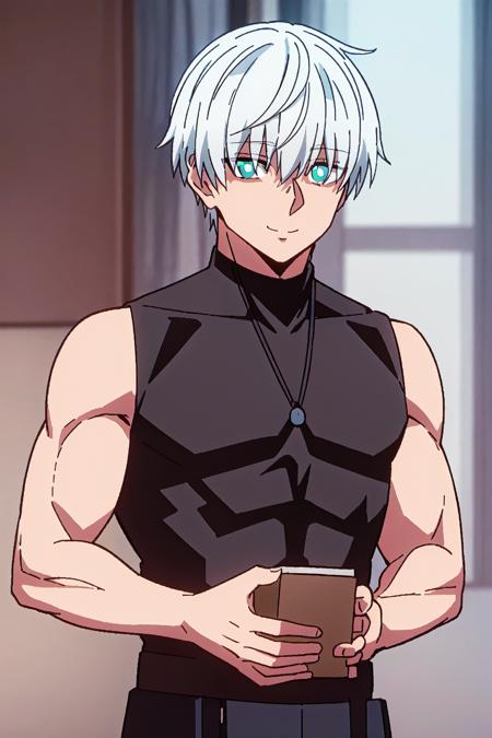 ragna, 1boy, solo, blue eyes, white hair, short hair, smile, blue eyes, bangs, eyes visible through hair, sleeveless, muscular, black sleeveless top
high quality, best quality, ultra detailed, masterpiece, big breast, detailed hands, <lora:EMS-52523-EMS:0.700000>