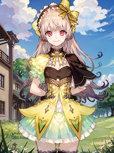 charsuelle, 1girl, solo, smile, bow, looking at viewer, dress, hair bow, hairband, cleavage cutout, thighhighs, arms behind back, closed mouth, short sleeves, capelet, skirt, puffy sleeves,  frills, bangs, outsides, cloudy sky, field, grass, <lora:suellev1a:0.9>