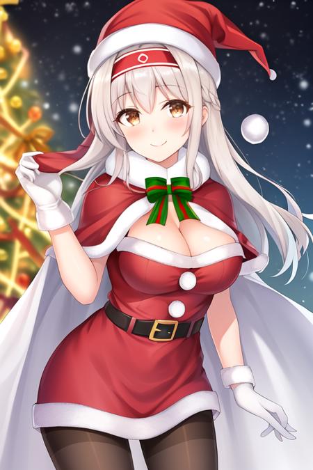 masterpiece, best quality, highres, solo, {shoukaku_kantaicollection:1.10}, long_hair, hairband, white_hair, brown_eyes, smile, headband, muneate, blush, 1girl, christmas, dress, fur_trim, hat, santa_costume, santa_hat, alternate_costume, black_pantyhose, breasts, capelet, gloves, looking_at_viewer, pantyhose, white_gloves, belt, fur-trimmed_dress, red_capelet, red_dress, red_headwear, fur-trimmed_capelet, large_breasts